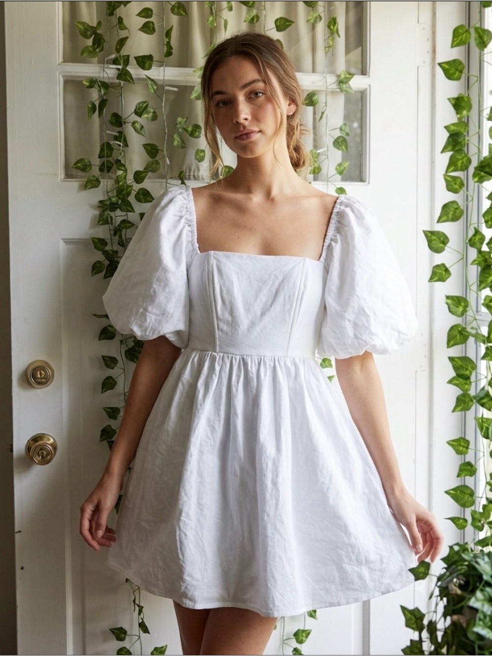 7 For All Mankind White Puff-Sleeve Square-Neck Mini Dress